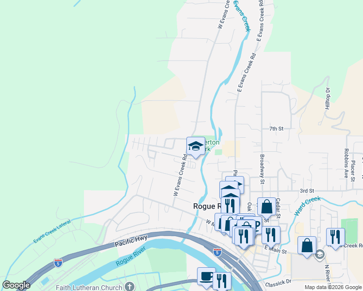 map of restaurants, bars, coffee shops, grocery stores, and more near 295 West Evans Creek Road in Rogue River