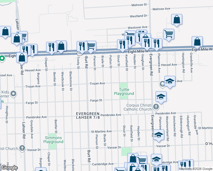 map of restaurants, bars, coffee shops, grocery stores, and more near 20079 Patton Street in Detroit