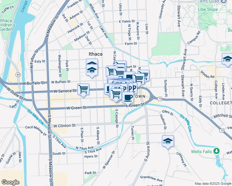 map of restaurants, bars, coffee shops, grocery stores, and more near 108 North Cayuga Street in Ithaca