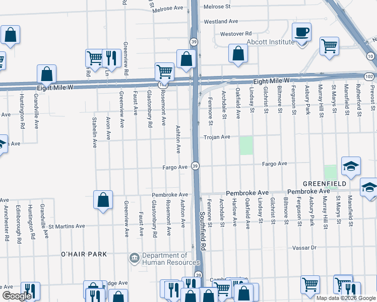 map of restaurants, bars, coffee shops, grocery stores, and more near 20029 Southfield Freeway in Detroit