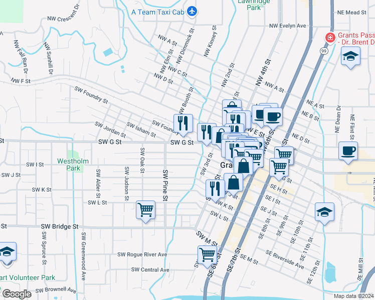map of restaurants, bars, coffee shops, grocery stores, and more near 442 Southwest H Street in Grants Pass
