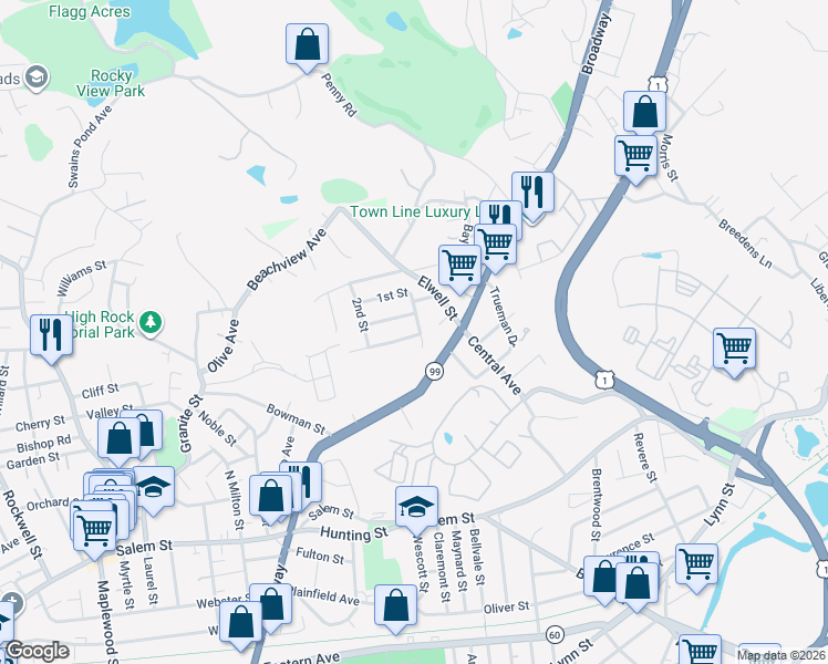 map of restaurants, bars, coffee shops, grocery stores, and more near 12 Tea Party Way in Malden