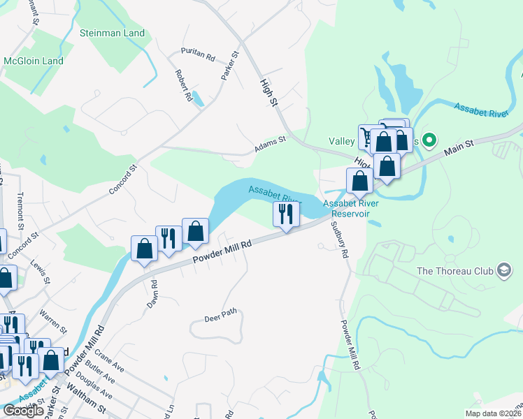 map of restaurants, bars, coffee shops, grocery stores, and more near 4 Powder Mill Road in Acton