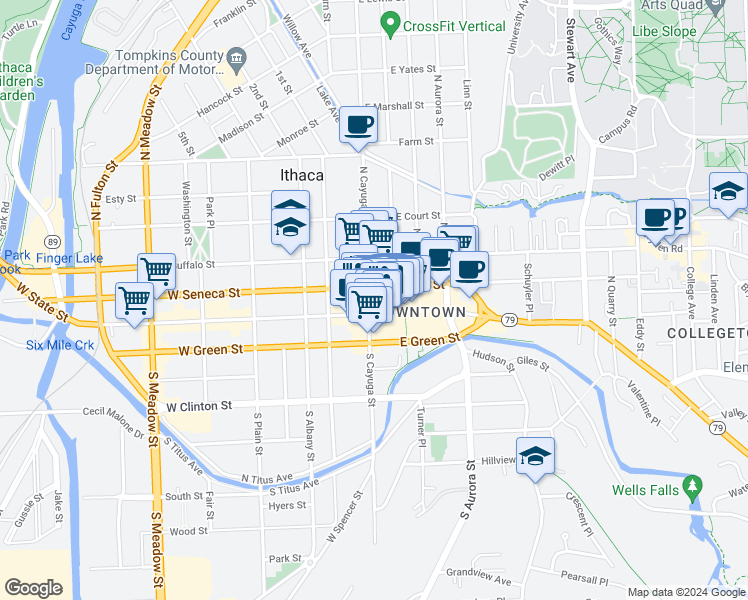 map of restaurants, bars, coffee shops, grocery stores, and more near 109 North Cayuga Street in Ithaca