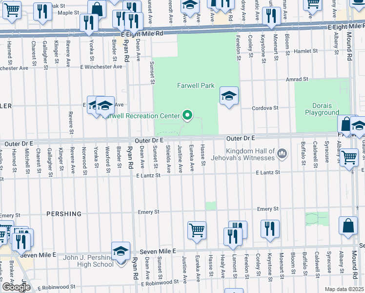 map of restaurants, bars, coffee shops, grocery stores, and more near 19693 Justine Street in Detroit