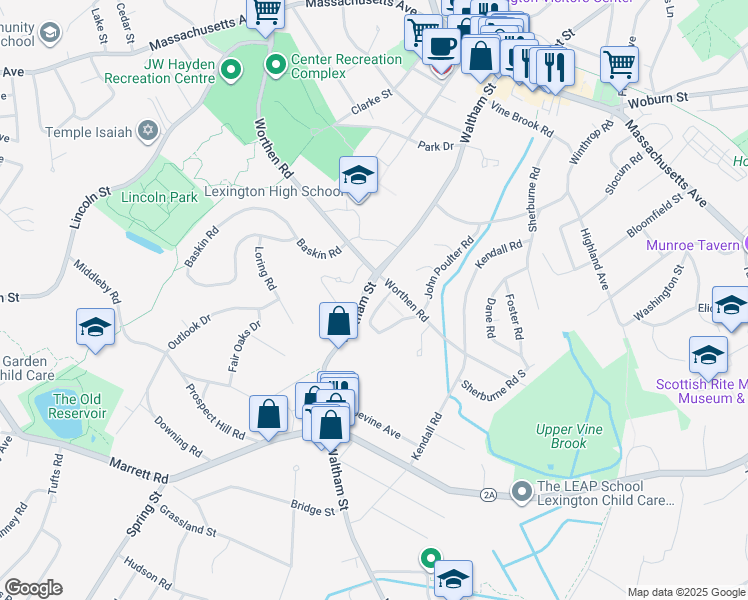 map of restaurants, bars, coffee shops, grocery stores, and more near 9 Captain Parker Arms in Lexington