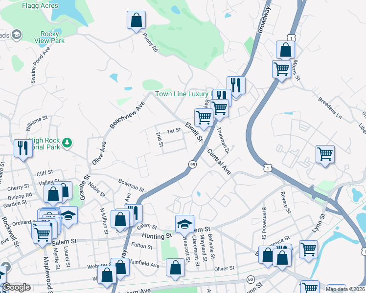 map of restaurants, bars, coffee shops, grocery stores, and more near 12 Tea Party Way in Malden