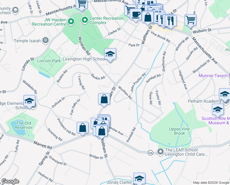 map of restaurants, bars, coffee shops, grocery stores, and more near 7 Captain Parker Arms in Lexington