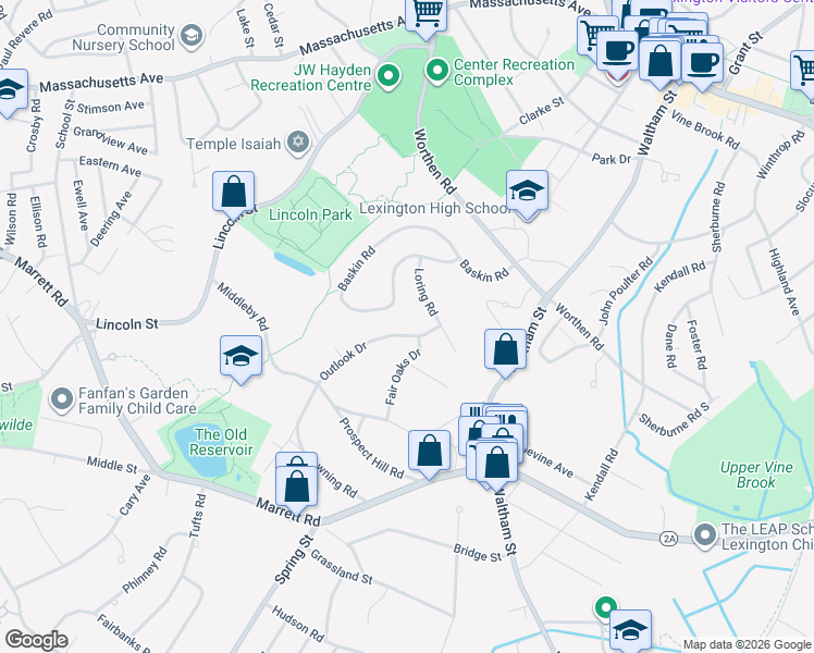 map of restaurants, bars, coffee shops, grocery stores, and more near 44 Fair Oaks Drive in Lexington