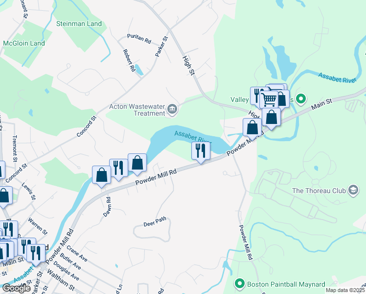 map of restaurants, bars, coffee shops, grocery stores, and more near 4 Powder Mill Road in Acton