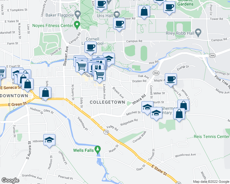 map of restaurants, bars, coffee shops, grocery stores, and more near 104-198 Oxford Place in Ithaca