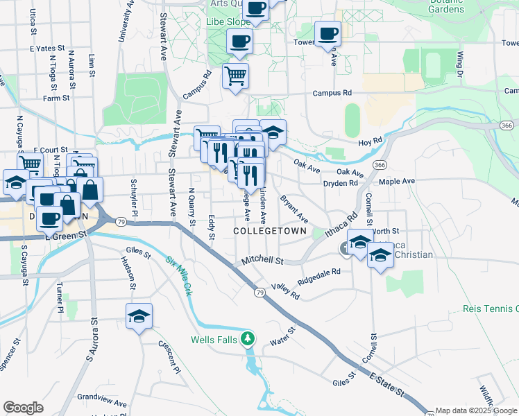 map of restaurants, bars, coffee shops, grocery stores, and more near 201 College Avenue in Ithaca