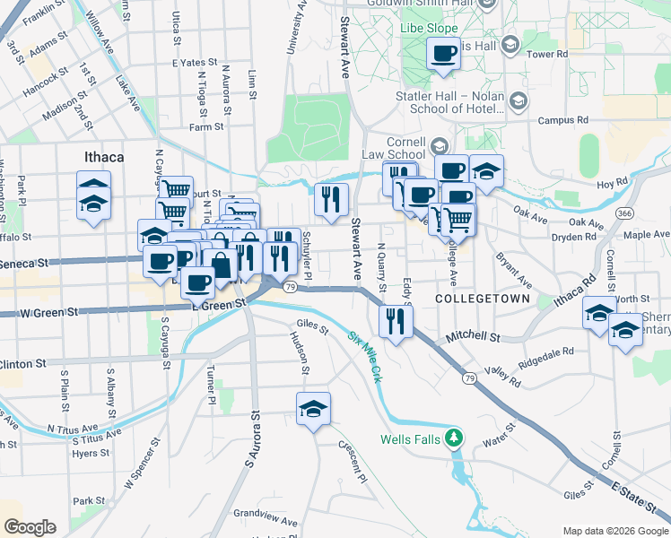 map of restaurants, bars, coffee shops, grocery stores, and more near 103 Sage Place in Ithaca