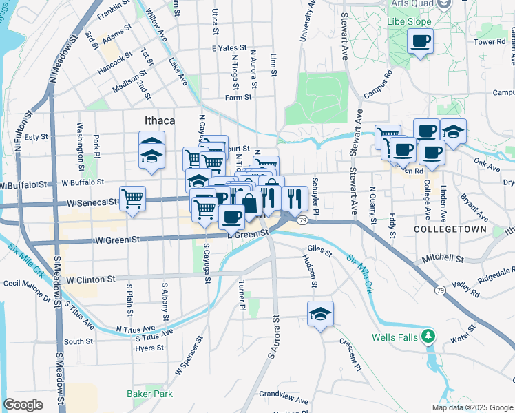 map of restaurants, bars, coffee shops, grocery stores, and more near 215 East State Street in Ithaca