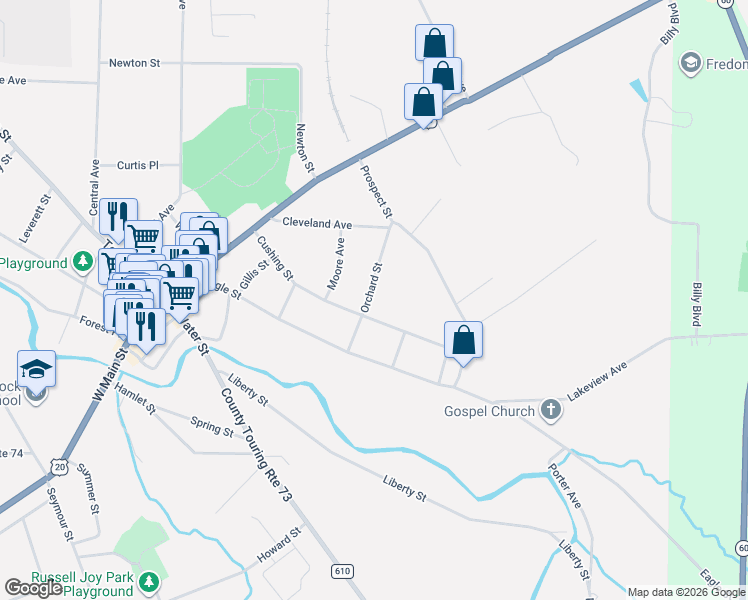 map of restaurants, bars, coffee shops, grocery stores, and more near 100 Cushing Street in Fredonia