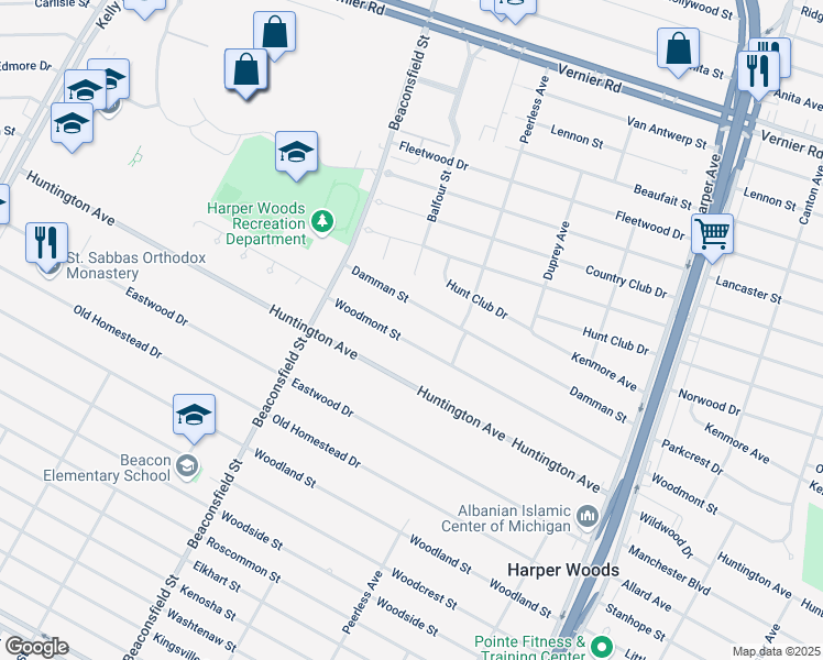 map of restaurants, bars, coffee shops, grocery stores, and more near in Detroit