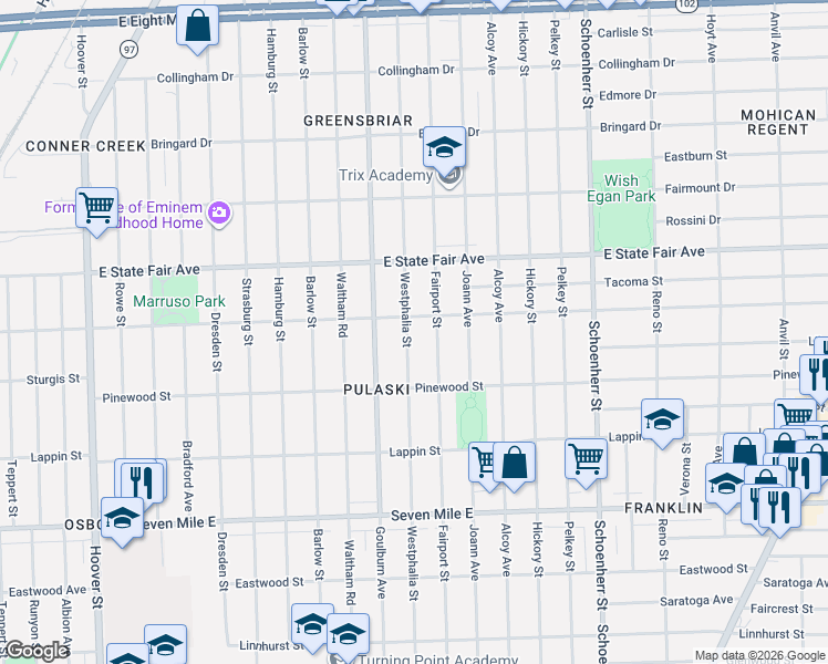 map of restaurants, bars, coffee shops, grocery stores, and more near 19568 Westphalia Street in Detroit