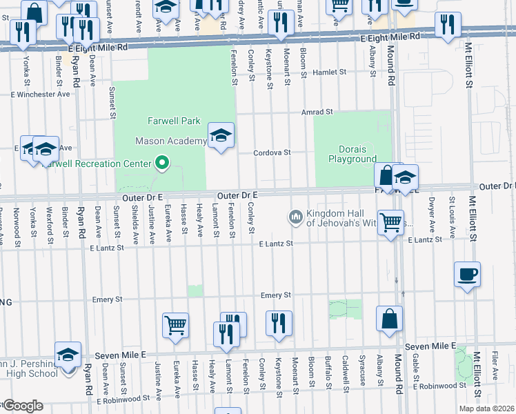 map of restaurants, bars, coffee shops, grocery stores, and more near 19676 Conley Street in Detroit