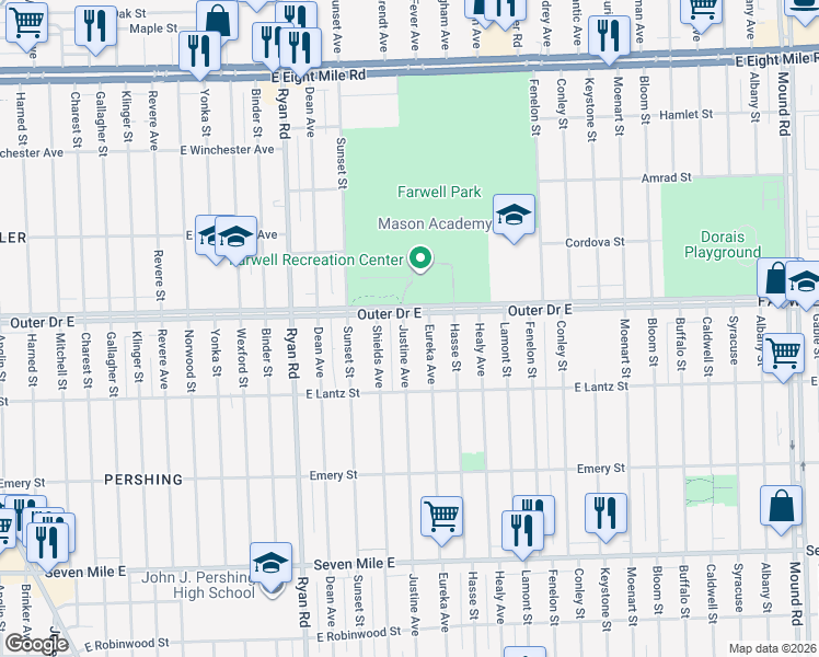map of restaurants, bars, coffee shops, grocery stores, and more near 19693 Justine Street in Detroit