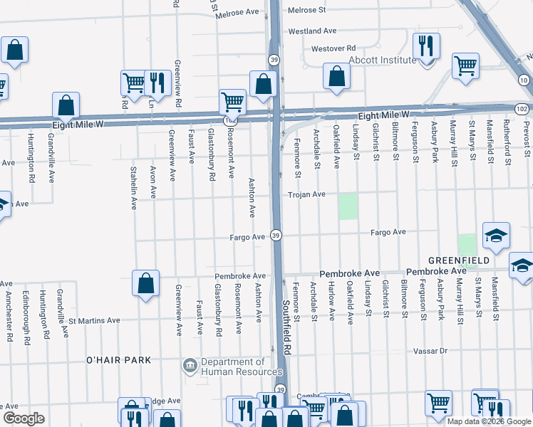 map of restaurants, bars, coffee shops, grocery stores, and more near 20029 Southfield Freeway in Detroit