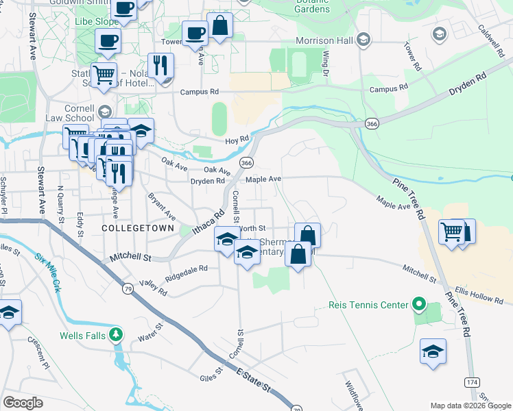 map of restaurants, bars, coffee shops, grocery stores, and more near 204 Miller Street in Ithaca