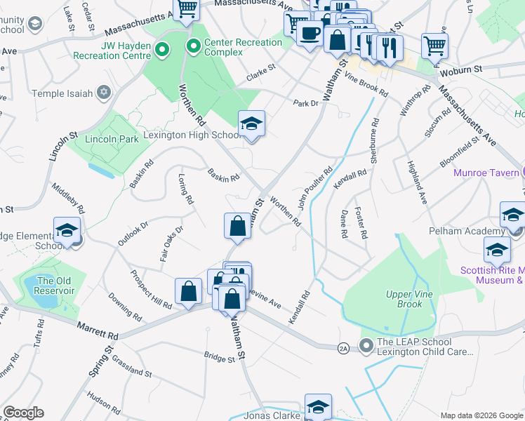 map of restaurants, bars, coffee shops, grocery stores, and more near 7 Captain Parker Arms in Lexington