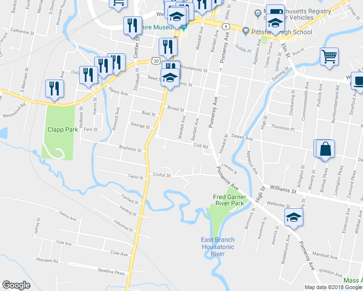 map of restaurants, bars, coffee shops, grocery stores, and more near 50 Colt Road in Pittsfield