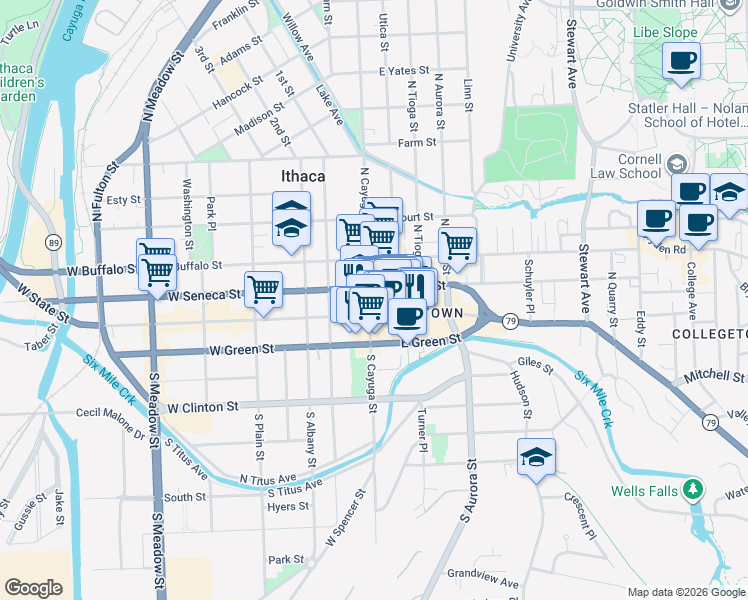 map of restaurants, bars, coffee shops, grocery stores, and more near in Ithaca