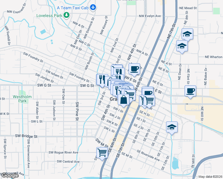 map of restaurants, bars, coffee shops, grocery stores, and more near in Grants Pass