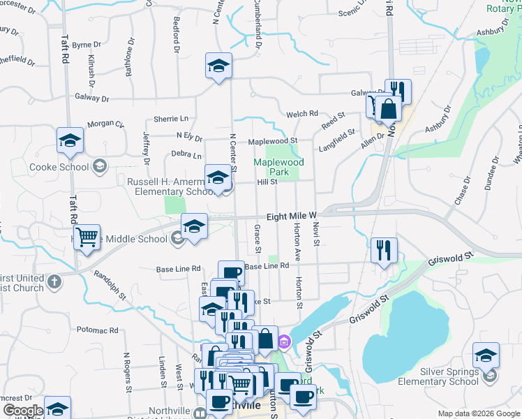 map of restaurants, bars, coffee shops, grocery stores, and more near 795 Grace Street in Northville