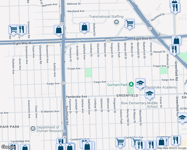map of restaurants, bars, coffee shops, grocery stores, and more near 20060 Lindsay Street in Detroit