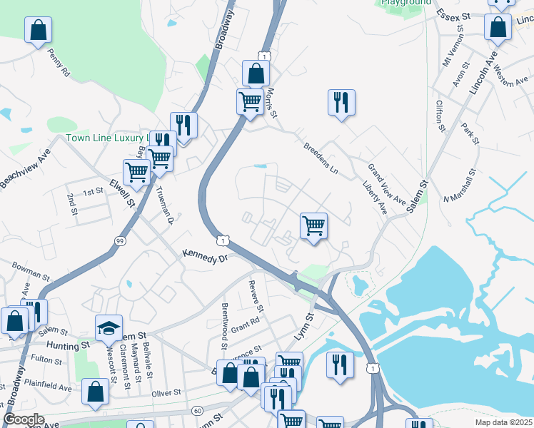 map of restaurants, bars, coffee shops, grocery stores, and more near 1500 Salem Street in Malden