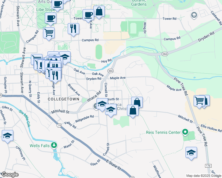 map of restaurants, bars, coffee shops, grocery stores, and more near 217 Cornell Street in Ithaca