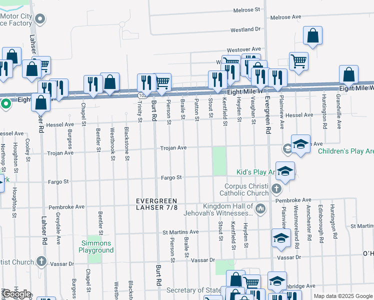 map of restaurants, bars, coffee shops, grocery stores, and more near 20120 Braile Street in Detroit