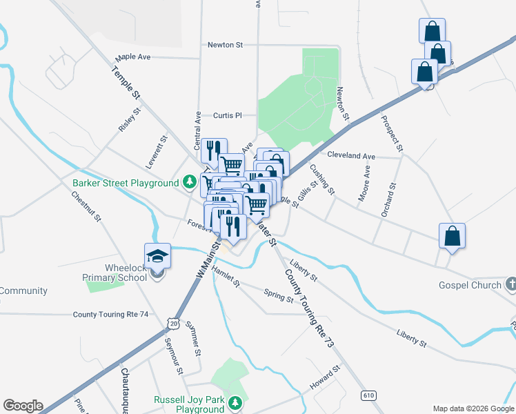 map of restaurants, bars, coffee shops, grocery stores, and more near 9 East Main Road in Fredonia