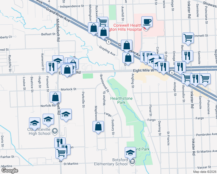 map of restaurants, bars, coffee shops, grocery stores, and more near 20358 Weyher Street in Livonia