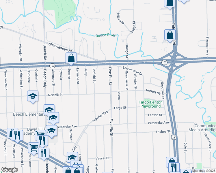 map of restaurants, bars, coffee shops, grocery stores, and more near 20441 Five Points Street in Wayne County