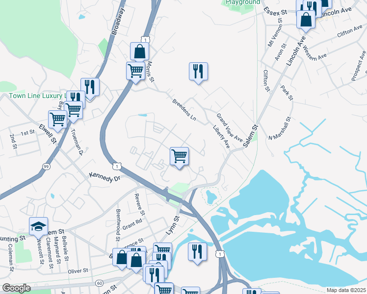 map of restaurants, bars, coffee shops, grocery stores, and more near 15 Parkside Place in Revere