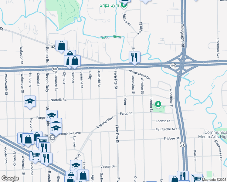 map of restaurants, bars, coffee shops, grocery stores, and more near 20400 Five Points in Redford Charter Township