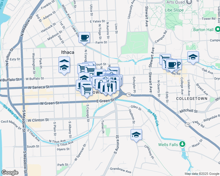 map of restaurants, bars, coffee shops, grocery stores, and more near 112 North Aurora Street in Ithaca