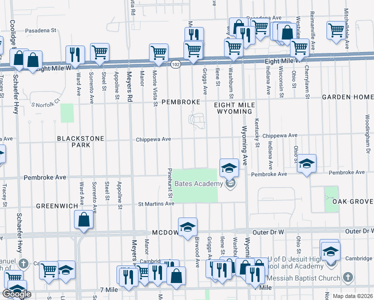 map of restaurants, bars, coffee shops, grocery stores, and more near 19967 Birwood Street in Detroit
