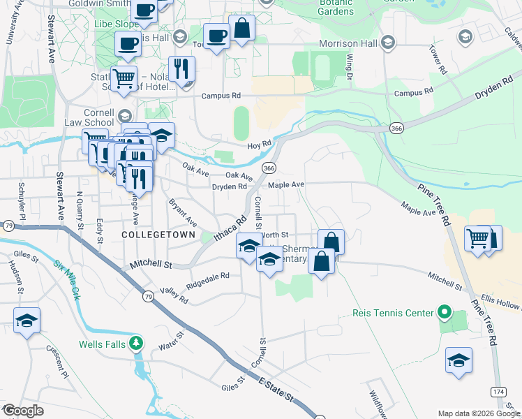 map of restaurants, bars, coffee shops, grocery stores, and more near 217 Cornell Street in Ithaca