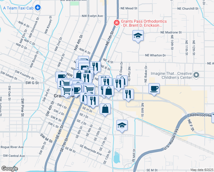 map of restaurants, bars, coffee shops, grocery stores, and more near 204 NE 9th St in Grants Pass