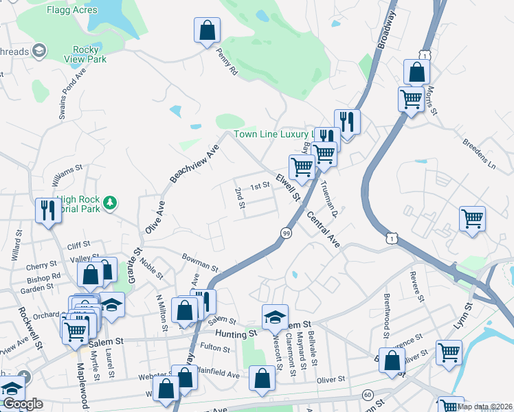 map of restaurants, bars, coffee shops, grocery stores, and more near 46 Tea Party Way in Malden