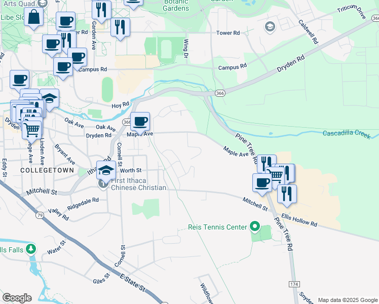 map of restaurants, bars, coffee shops, grocery stores, and more near Veteran's Place in Ithaca