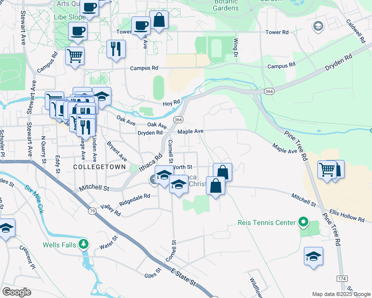 map of restaurants, bars, coffee shops, grocery stores, and more near 209 Cobb Street in Ithaca