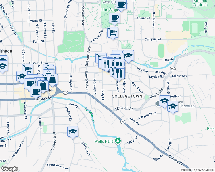 map of restaurants, bars, coffee shops, grocery stores, and more near 109 Cook Street in Ithaca
