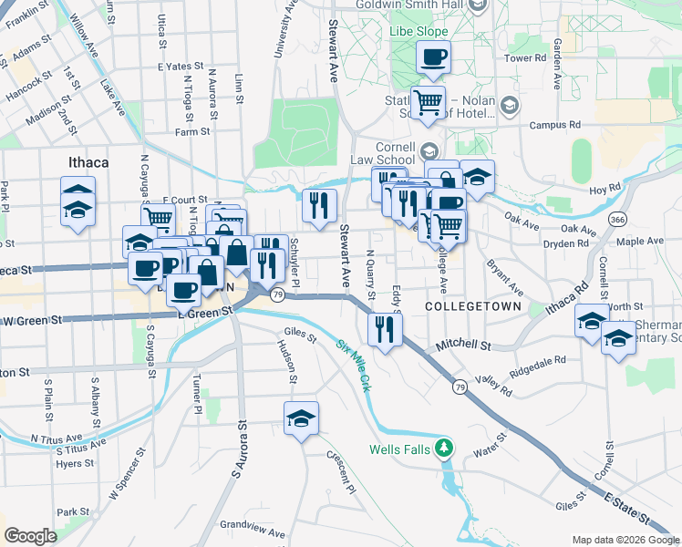 map of restaurants, bars, coffee shops, grocery stores, and more near 604 East State Street in Ithaca