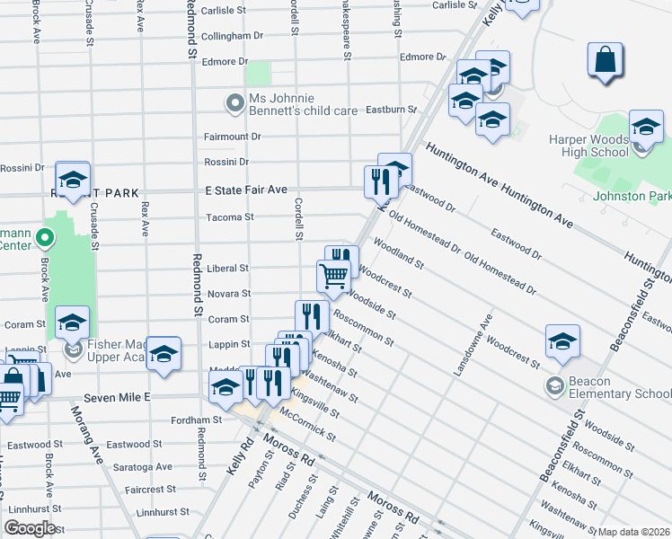 map of restaurants, bars, coffee shops, grocery stores, and more near 16435 Novara Street in Detroit