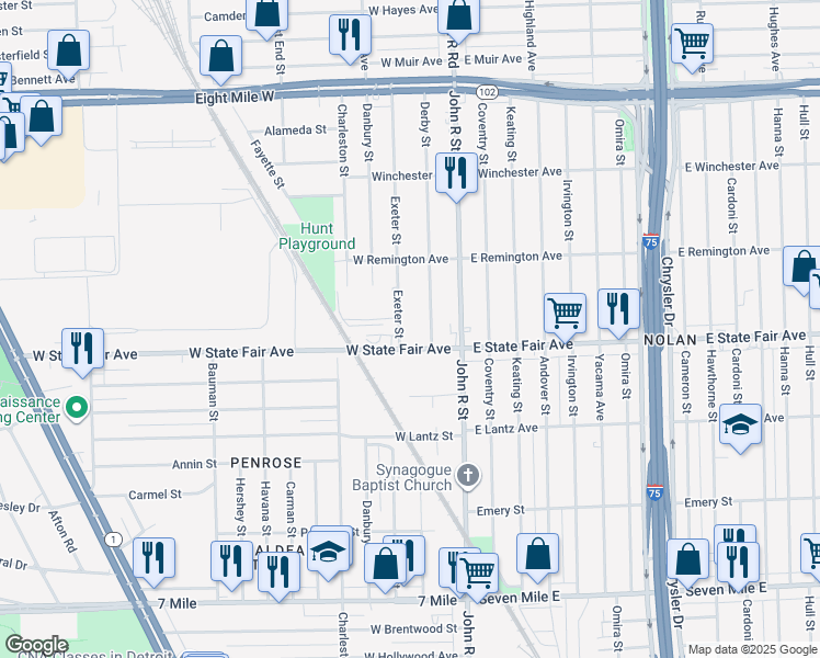 map of restaurants, bars, coffee shops, grocery stores, and more near 124 West State Fair Avenue in Detroit